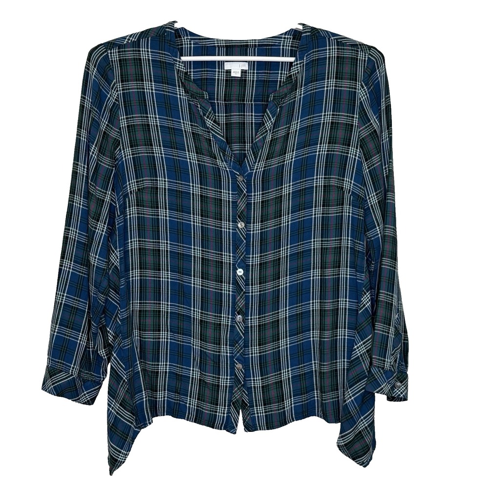 J.Jill Button Front Top Womens XL Blue Green Plaid Long Sleeve Collarless V-Neck
